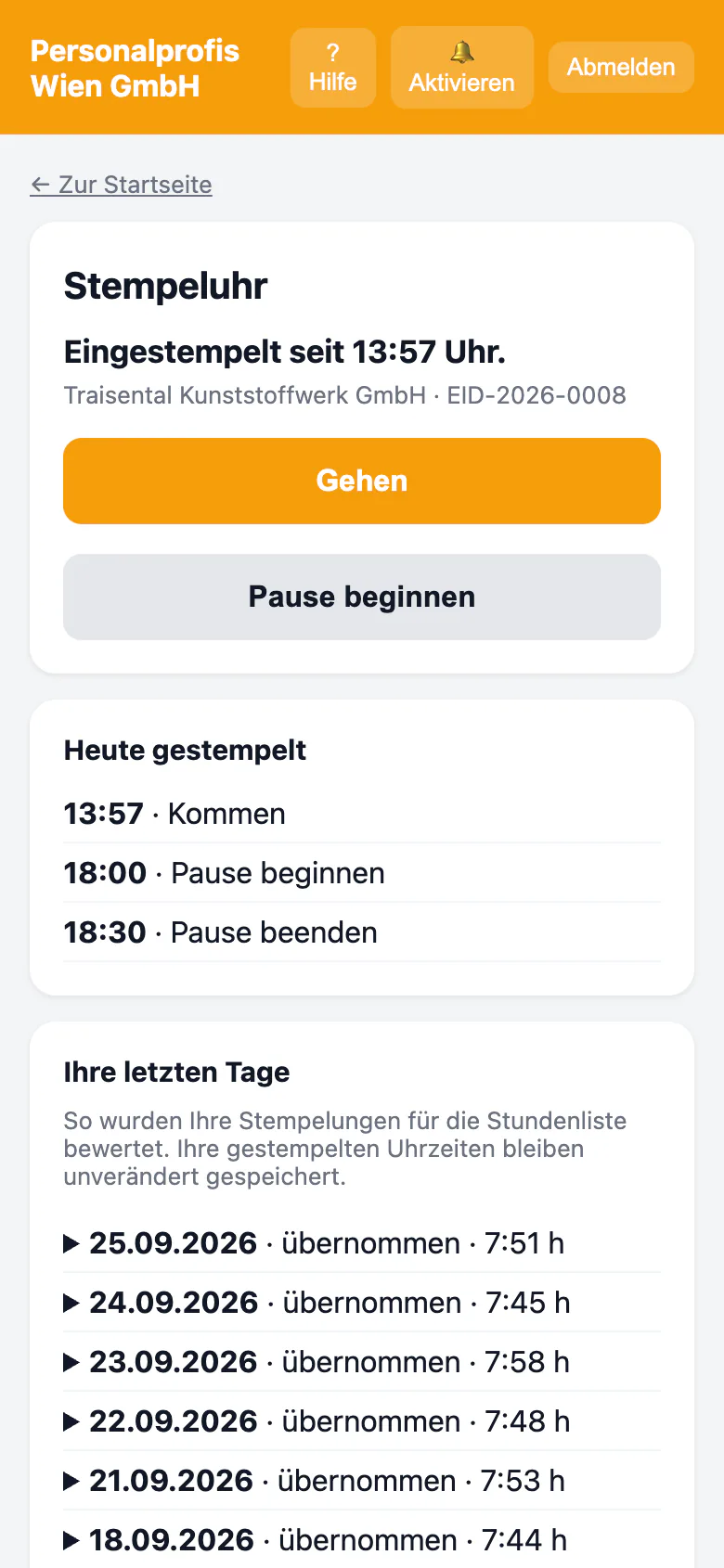 Stempeluhr in der Mitarbeiter-WebApp am Smartphone