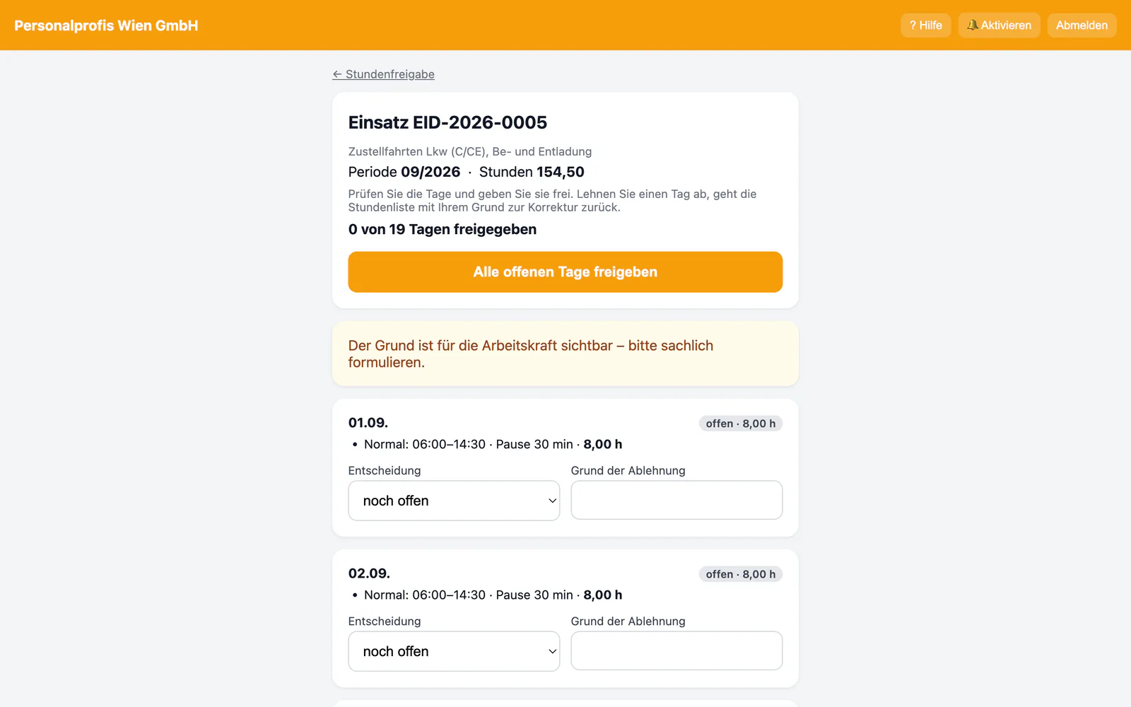 Offene Stundenlisten eines Demo-Kunden im Kundenportal