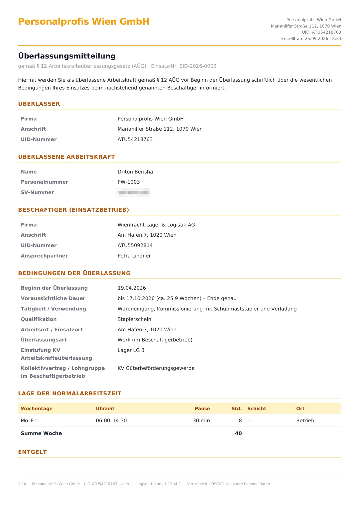 Erzeugte §12-Überlassungsmitteilung als PDF-Seite