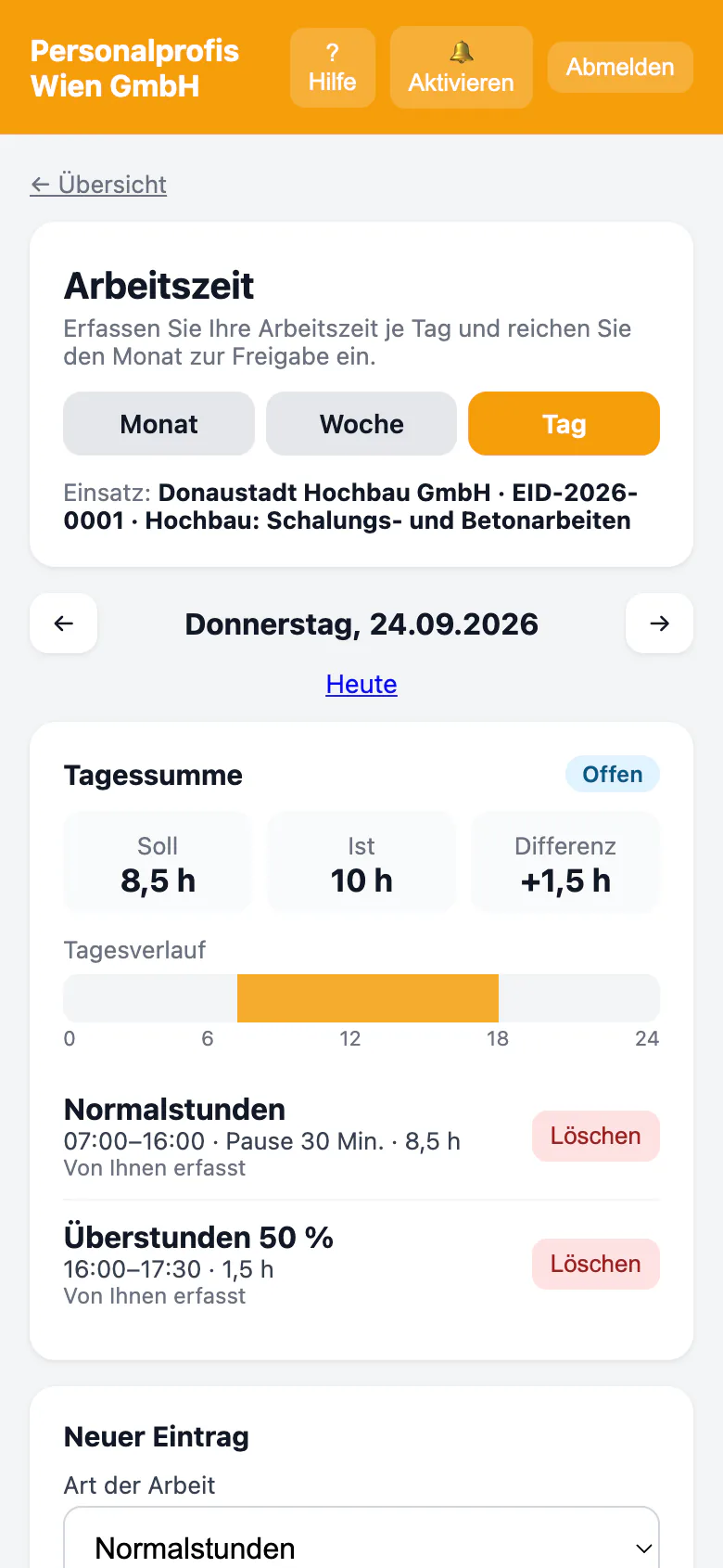 Tageserfassung mit Zeitarten in der Mitarbeiter-WebApp am Smartphone